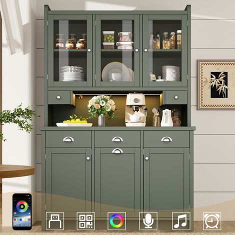 Armoire de cuisine verte 180x120cm, 3 portes en verre avec éclairage LED connecté via application, grand volume de stockage intégré