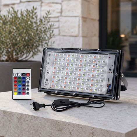 Projecteur LED RGB 100W Étanche avec Télécommande, Corps en Aluminium, Angle Réglable 150°, Éclairage Extérieur Jardin Terrasse (1/4)
