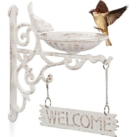 Bain d'oiseaux en fonte vintage Panneau «WELCOME» décoratif Fixation murale Résistant aux intempéries Pour jardin, balcon, terrasse (1/5)