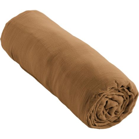 Drap housse double gaze de coton luxe 160 x 200 cm Gaia Camel (1/3)