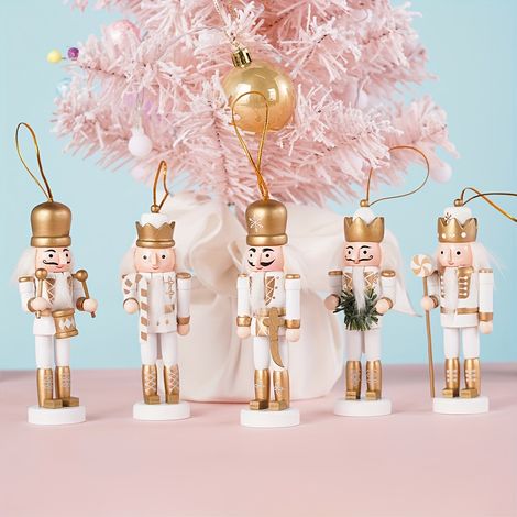 Ensemble de 5 Figurines de Soldats Casse-Noisette Dorés et Blancs - 4.7" Marionnettes en Bois pour Décoration d'Arbre de Noël, 12cm, Ornements Suspend (1/5)