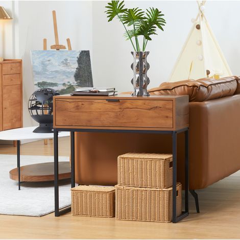 Table console en bois d’ingénierie décor naturel 80 cm avec tiroir et pieds en métal noir (1/5)