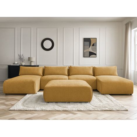 BOBOCHIC - Canapé panoramique fixe modulable avec têtières JANA tissu texturé avec 2 méridiennes, 2 chauffeuses et 1 grand pouf   Jaune (1/5)