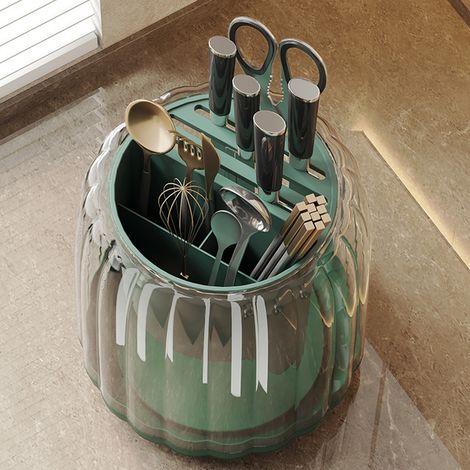 Porte-ustensiles rotatif multifonction à 360° - Gain de place - Plastique robuste - Porte-couteaux pour la cuisine et la maison - Vert foncé (1/5)