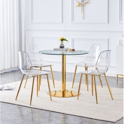 Ensemble table à manger ronde 85 cm en verre trempé avec 4 chaises transparentes, métal doré, OKWISH (1/5)