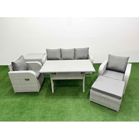 Fimous PE Rattan Garden Furniture Set Reclining Chair Sofa Lounge Sofa Set Rectangular Dining Table Side Table Big Footstool Light Grey (1/4)