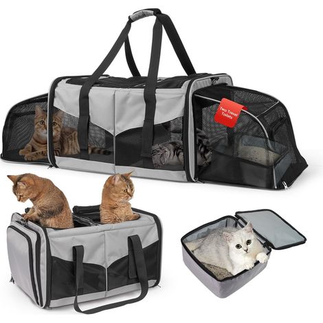 Sac de transport extensible pour chat et chien avec litière intégrée, transporteur de voyage pliable pour animaux, confortable et respirant (1/5)