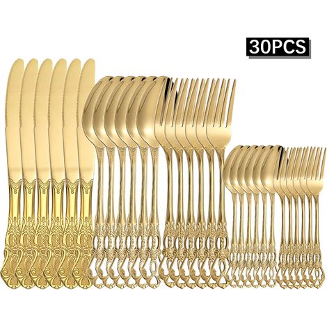 (30 pièces) Service de table haut de gamme en acier inoxydable Huangting : couteau à steak, fourchette, cuillère et cuillère à dessert de style occidental. (1/5)