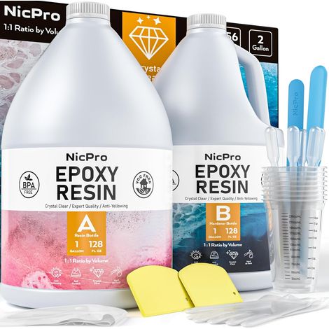 resine epoxy 7680 ml/256 oz, epoxy resin kit complet pour la fabrication de bijoux, livré avec des tasses à mélanger, des pipettes de transfert, des bâtons d'agitation en silicone, des gants (1/5)