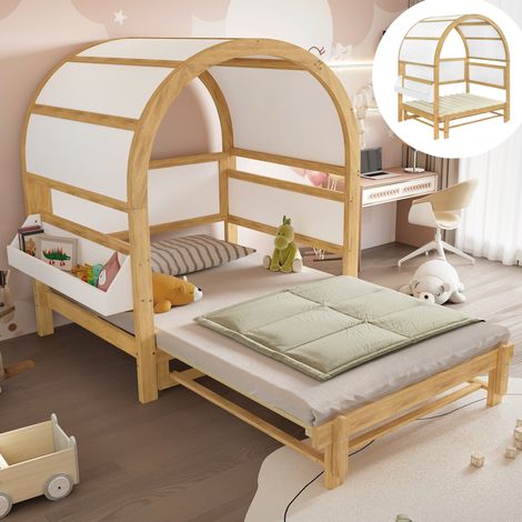 Lit Enfant 140x200 cm avec Tête de Lit Arquée Extensible, Étagères Latérales, Cadre en Pin avec Lattes, Canapé Lit - Naturel