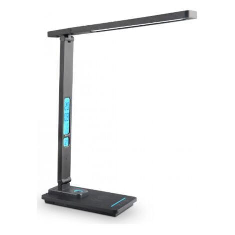 Noir， Lampe de Bureau LED avec Chargeur sans fil 10W, USB Recharge, Réglable Lampe de Table protection des yeux avec Écran LCD Calendrier, 5 Modes Lumière, 2 Modes Veilleuse (1/5)