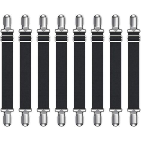 Elastic Bed Sheet and Fitted Sheet Holders, Adjustable Fasteners (18-40cm), No Damage to Fabrics, Set of 8, 18x2.5cm, Black