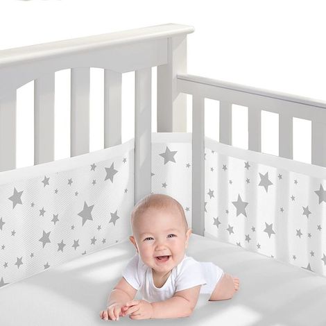 Breathable baby cot bumper with 4-sided mesh lining, shock-absorbing and breathable baby cot bumper, 4-sided breathable mesh fabric with air circulation, mesh lining, baby cot bumper (1/5)