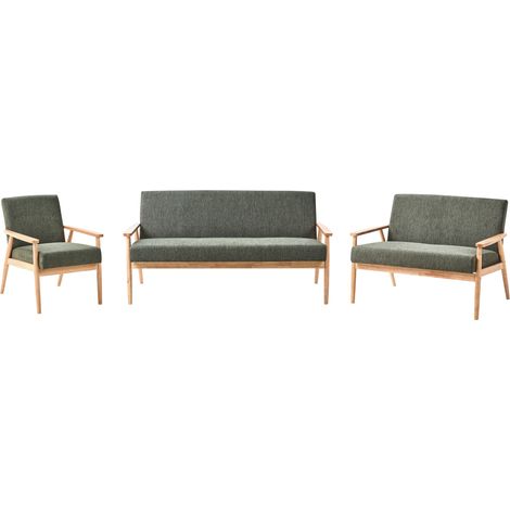 Conjunto de sala de estar retro sofá 3 plazas sofá 2 plazas y sillón tapizado de poliéster estructura de madera verde y marrón claro Esrum