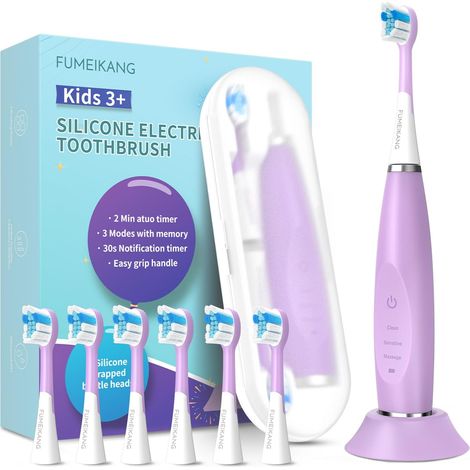 Brosse à dents électrique pour enfants de 3 à 12 ans - Minuteur électrique intelligent - 6 têtes de brosse à dents souples - Étanche - Pour filles et garçons (Purple) (1/5)