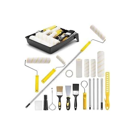 Lot de 18 rouleaux de peinture avec barre télescopique, kit de peinture avec barre d'extension en acier inoxydable, rouleau de peintre, pinceau, grattoir, ruban crêpe, accessoires de peinture, outils (1/5)