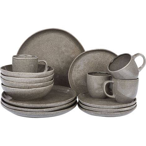 Beliani – Ensemble de 16 pièces de vaisselle en grès – Finition réactive gris – Service de table traditionnel pour 4 personnes – Compatible micro-ondes et lave-vaisselle
