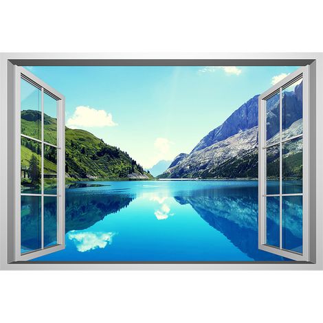 Sticker Mur Faux Fenêtre Paysage Lac - 57 cm x 90 cm - Décor Murale 3D Détachable - Pour Salon Chambre Salle De Bain (1/5)