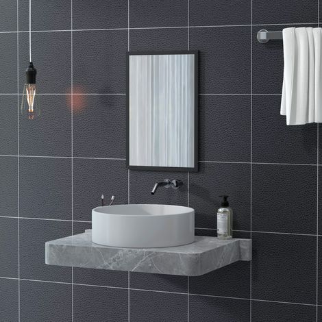 Miroir mural noir 40x60 cm, en verre et MDF, avec patères intégrées, forme rectangulaire (1/5)