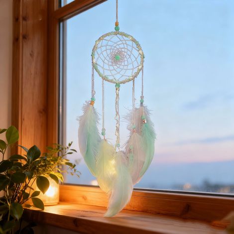 Atrapasueños con iluminación LED – decoración de pared tejida a mano con plumas naturales para el salón – 55 cm (1/5)