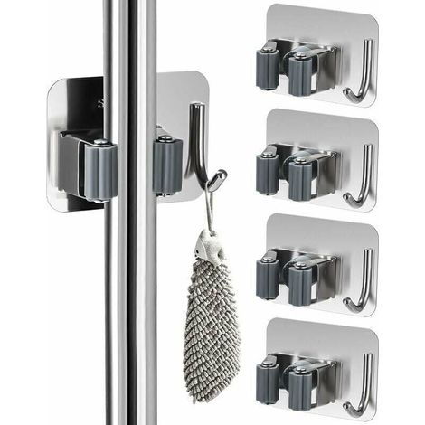 Porte Balais Mural - Sans Percage - Acier Inoxydable - Pour Cuisine Salle De Bain Jardin Garage - 5 Pièces