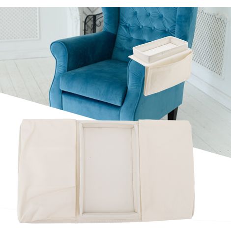 Sac de rangement suspendu pour accoudoir de canapé poire, avec support pliable pour en-cas, téléphone portable, gobelet et plateau, blanc cassé (1/5)