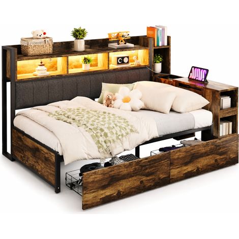 CHICFURN lit simple multifonction avec rangement bureau coulissant prises integrees et style minimaliste 90 x 200 (1/5)