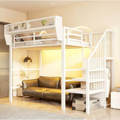 Lit mezzanine enfant en métal 90x200 cm avec LED, échelle de sécurité et étagère modulable, gain de place, blanc (1/5)