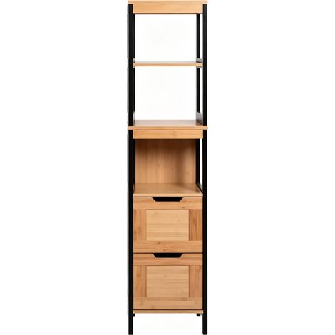 Mueble de baño alto de bambú y MDF con 2 cajones y 3 estantes 30 x 30 x 144,3 cm (1/5)