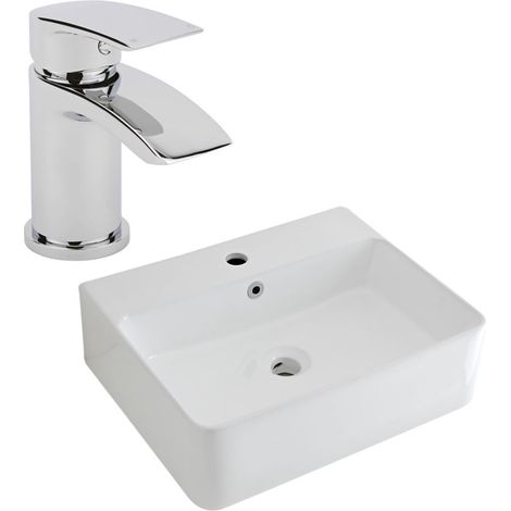 Milano Farington 520mm x 420mm White Ceramic Rectangular Countertop Wall Mounted Hung Bathroom Basin Sink - With Mixer Tap (1/5)