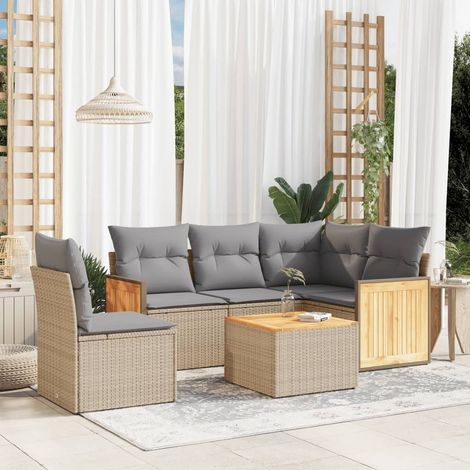 6-tlg. Garten-Sofagarnitur mit Kissen Beige Poly Rattan (1/5)