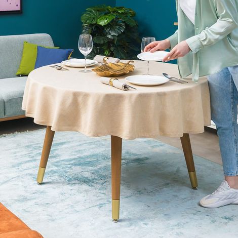 Nappe ronde Ø 160 cm en coton et lin, beige, tissu épais lavable, résistante aux taches, à l’usure et à la chaleur, intérieur et extérieur (1/5)