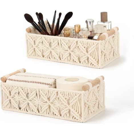 Panier à Papier Toilette en Macramé, Paniers de Rangement de Salle de Bain avec Tissu Amovible, Panier Tissé Décoratif Bohème pour Comptoir, Réservoir de Toilett (1/5)