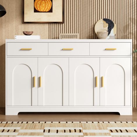 Buffet blanc 4 portes cintrées, 3 tiroirs, étagères réglables, structure en MDF, poignées dorées (1/5)