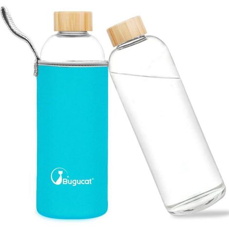 Bouteille d'eau en verre 1L avec housse de protection, étanche, pour boissons chaudes et froides (1/5)