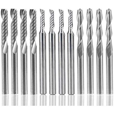 royaluxe-Fraise en carbure de tungstène 12 PCS, 4 PICS 1/8 "pour fraises CNC Outils à double cannelure + 8 fraises à 1 arête simple PCS (2 types) pour nylon, résine, ABS, acrylique, PVC, MDF, bois