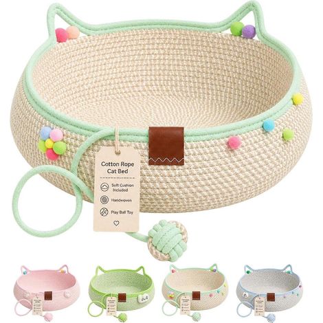 Panier chat grand modèle corde coton tressée main, coussin, balle suspendue, oreilles chat, respirant, cyan (1/5)