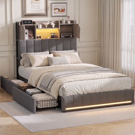 Lit simple 90x200 cm avec 2 Tiroirs et LED, Tête de Lit avec Rangement Cloison et prise USB Type-C, Cadre de lit rembourré en lin, Gris (1/5)