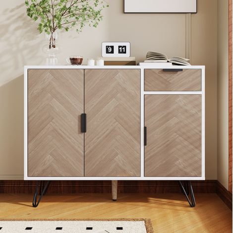 MEUBLIV Sideboard weiß mit Holzdekor 90x30x71,5 cm mit Schublade und verstellbaren Böden (1/5)