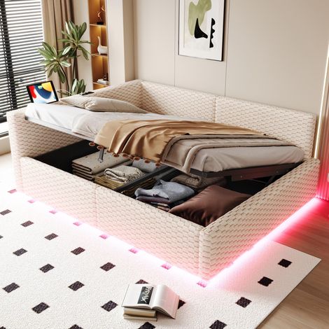 Lit capitonné 140x200cm, avec éclairage LED, lecteur de cassettes et deux ports USB, dossier souple en forme de L, tissu velours, sommier hydraulique, beige (matelas non inclus), garantie 2 ans (1/5)