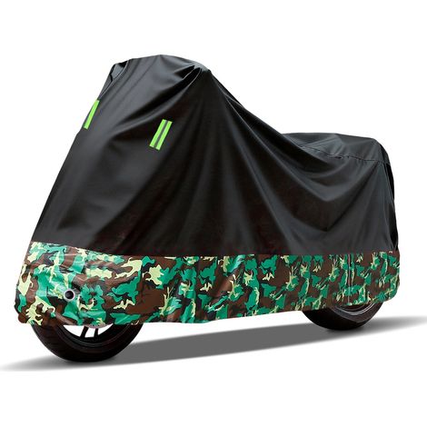 Verstärkte, wasserdichte Motorradabdeckung XL 200x85x105cm, UV- und staubdichte Schutzhülle für Roller und Zweiräder, schwarze und Camouflage-Außenhülle (1/4)