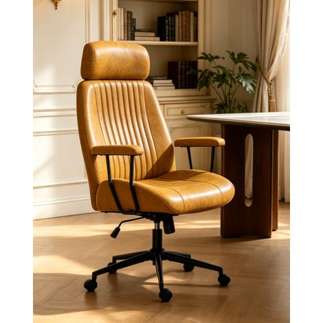 Chaise de bureau ergonomique marron jaune à haut dossier avec appui-tête, inclinaison 15°, pivot 360°, hauteur réglable, piétement métallique robuste (1/5)