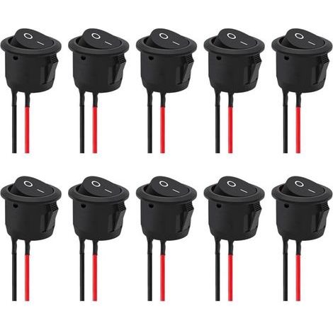 10 Pieces Round Rocker Switches, On/Off Rocker Switches, 2 Poles AC 250v/6a 125v/10a, 2 Position Round Rocker Switch with Cable for Car Truck (Black) (1/5)