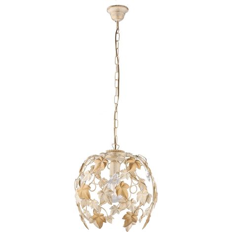 Lampadario Shabby Edera 1 Luce Ferro Battuto Avorio Oro Con Foglie E Cristalli