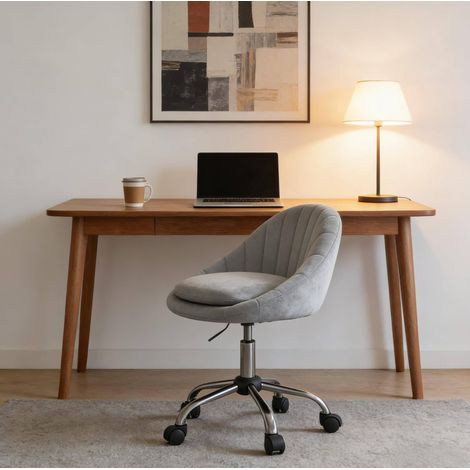 Silla de oficina 52x52x72-82 cm gris claro en terciopelo y metal con altura regulable y ruedas (1/4)