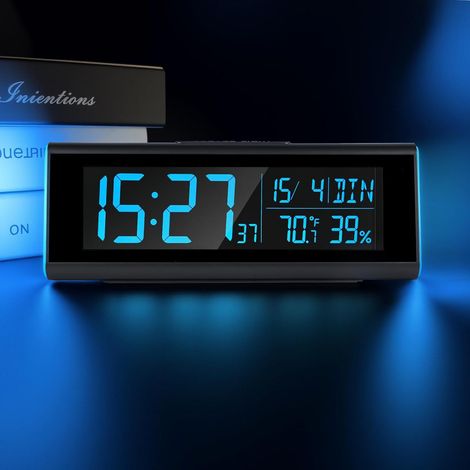 Réveil Numérique, Horloge Bureau avec Lumière RGB Secondes Date Semaine Température Humidité Fonction DST Écran VA Alarme Double Mode Snooze pour Bureau Chambre Gris Moderne