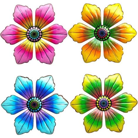 Lot de 4 décorations murales en métal 3D en forme de fleurs, décoration murale, sculptures murales suspendues, ornement mural en métal pour salon, chambre à coucher, jardin (1/4)