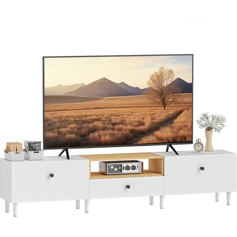 Mobile porta TV, mobile per televisori fino a 90 pollici con 2 ante a ribalta e un cassetto, 200 x 35 x 45 cm, bianco