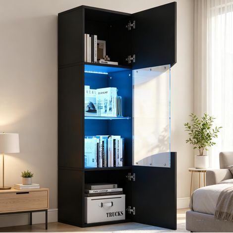 REDOM - Vitrina de salón - 35x50x165 cm - 4 niveles - iluminación LED - superficie brillante - vidrio templado - tablero de partículas - negro