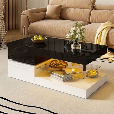 Couchtisch 90x45x35.5 cm Schwarz-Weiß aus Holzwerkstoff mit LED-Beleuchtung, Glasablage und Hochglanzoberfläche (1/5)